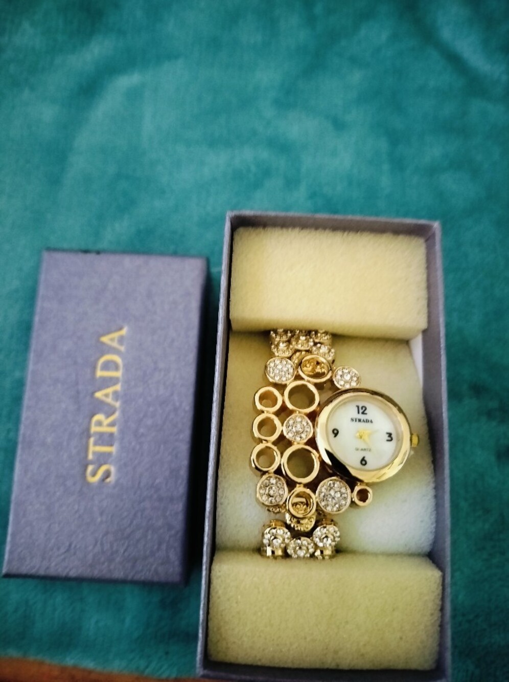 STRADA Women’s Gold Tone Cuff Watch Rhinestone Crystal Bubble Circle Link NIB